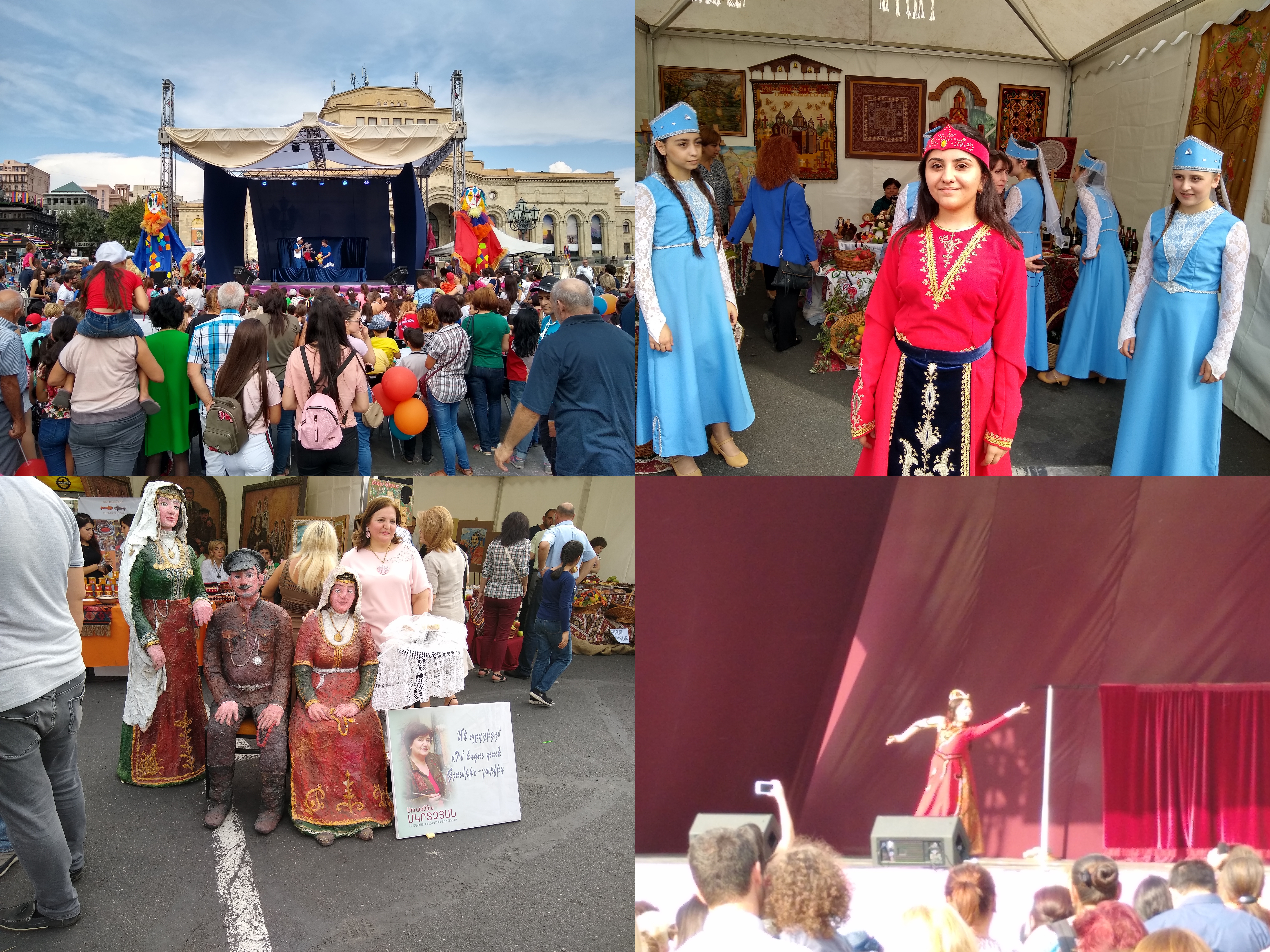 Photos of a pantomime show, women historical costumes, and dancing