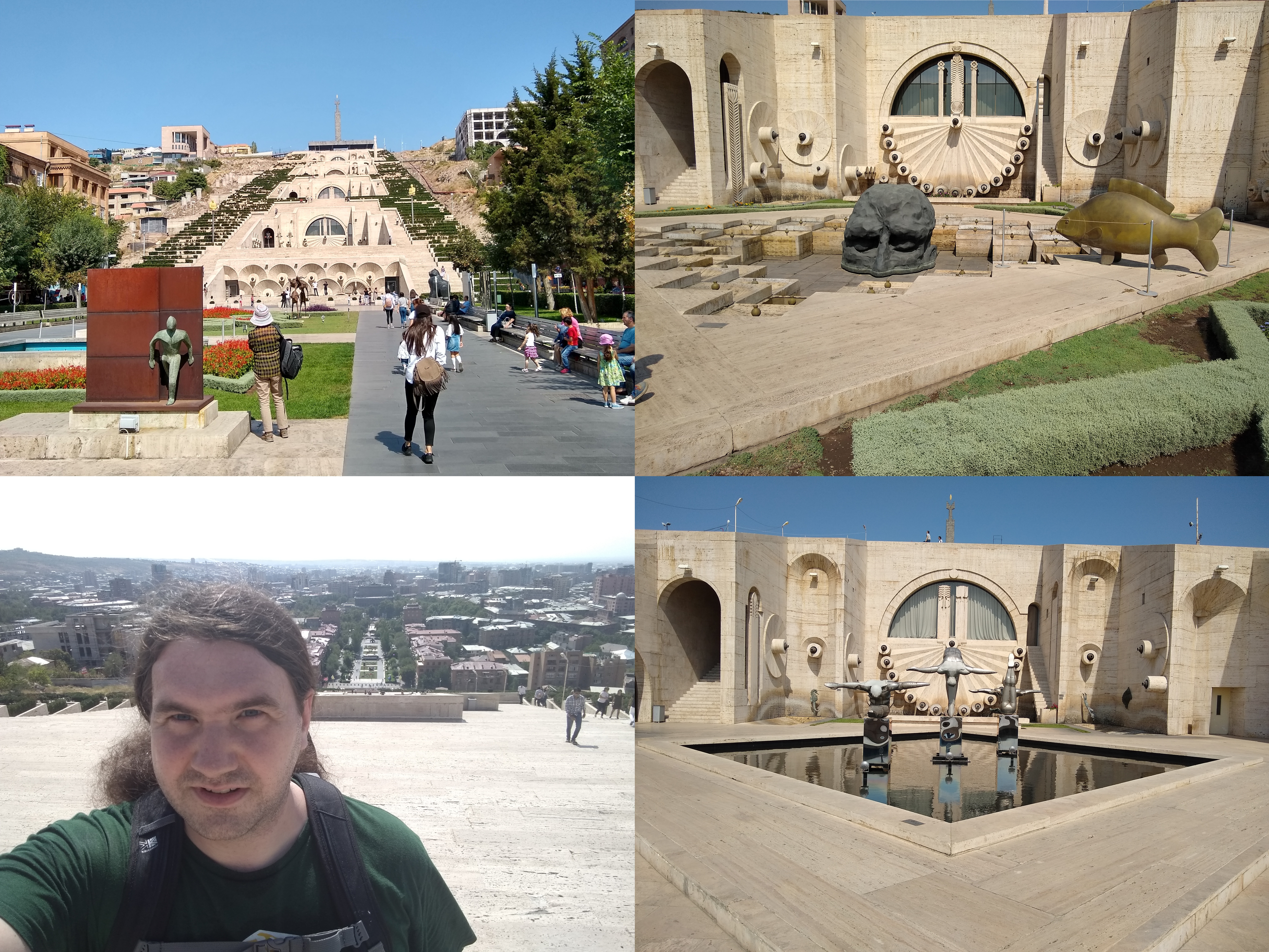 Four photos showing a large white marble staircase, an art installation of a statute of the top of someone's head, and art installation of statutes of divers, and a man with the view of a city in the background.